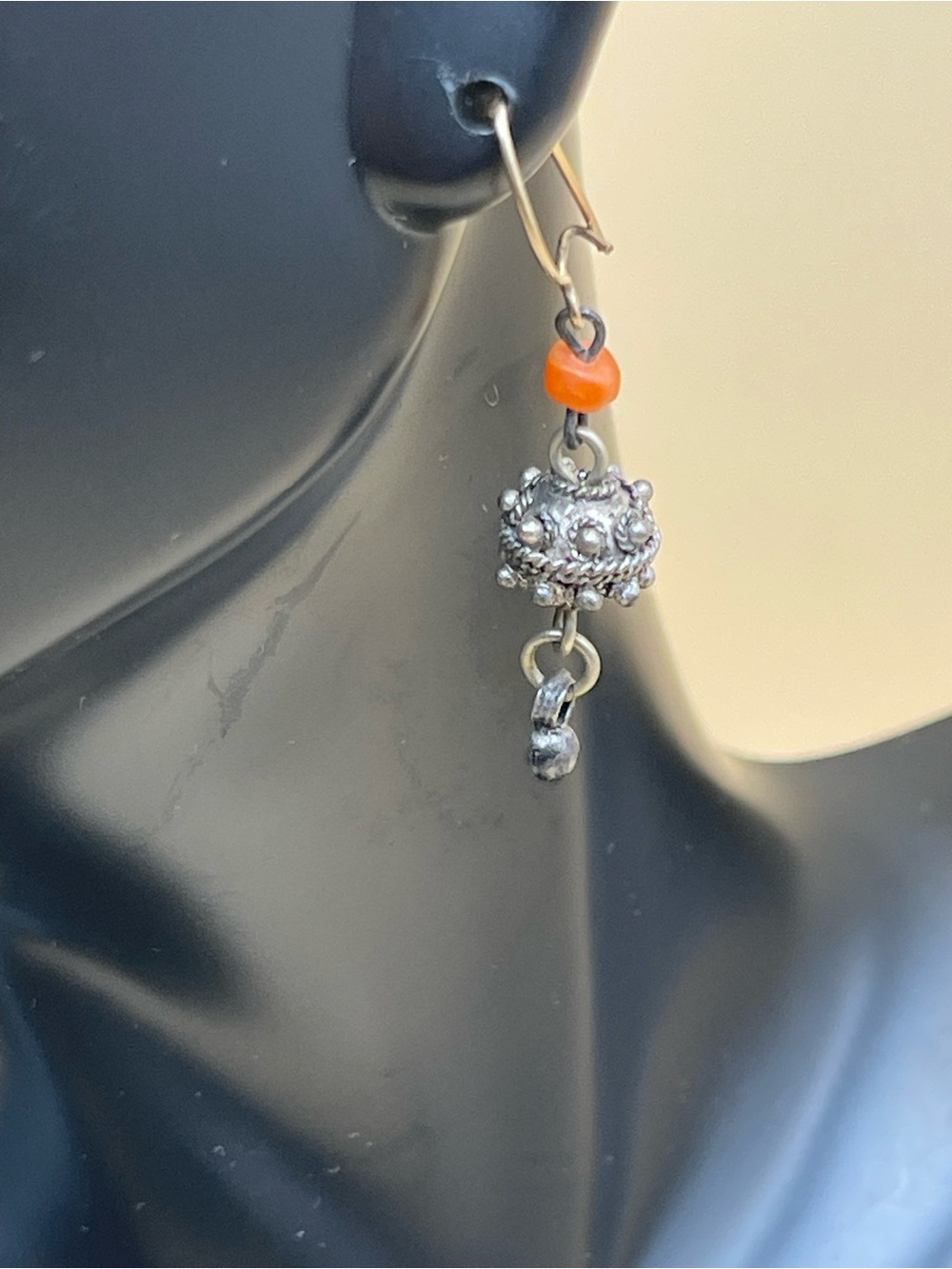 Vintage Artisan Tribal Style Silver & Coral-Tone Bead Dangle Earrings